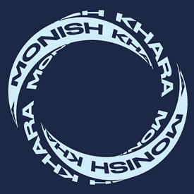 An animated 3D object with moving text "Monish Khara"